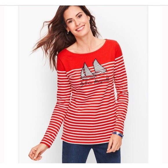 Talbots Top 2X Red Stripe Sailboat Coastal Nautical Preppy Thick Pristine Nice - Picture 14 of 14